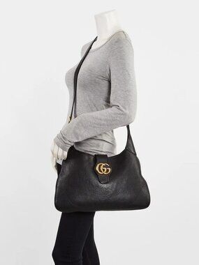 Gucci Black Leather Double G Aphrodite Medium Shoulder Bag